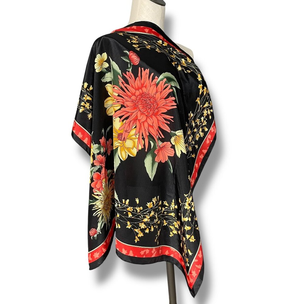 Bold Floral Scarf Black Chrysanthemum Border Print Hair Scarf Square 29‎ x 29.5